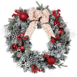 Gerson International 24 In Flocked Holiday Wreath With Bow, Berries And Ornaments