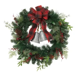 Gerson International 32 In Holiday Pine Wreath With Plaid Bow And Silver Bells