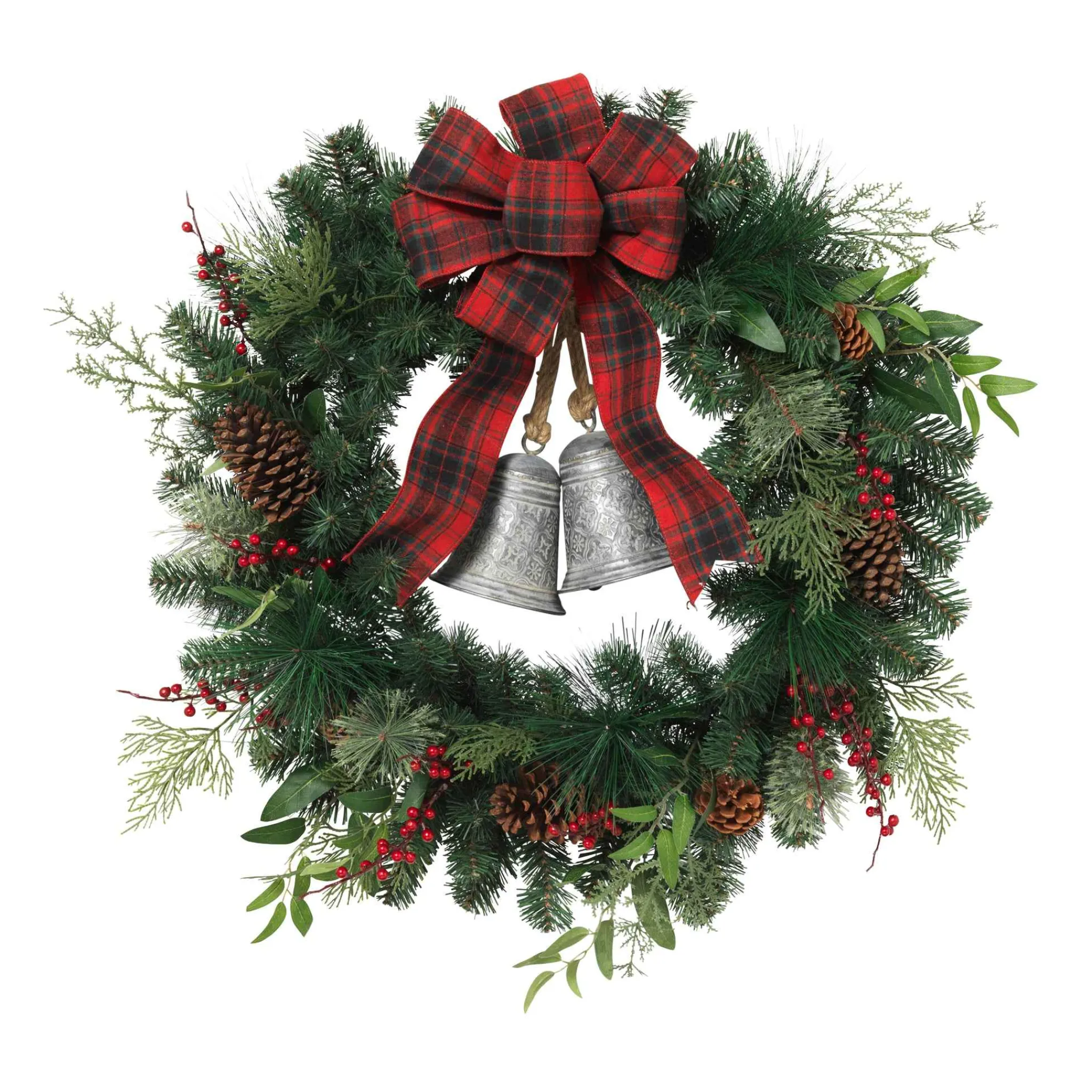 Gerson International 32 In Holiday Pine Wreath With Plaid Bow And Silver Bells