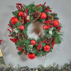 Gerson International 24 In Holiday Wreath With Pinecones, Red Berries And Ornaments