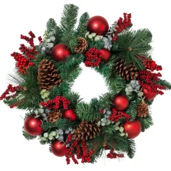 Gerson International 24 In Holiday Wreath With Pinecones, Red Berries And Ornaments
