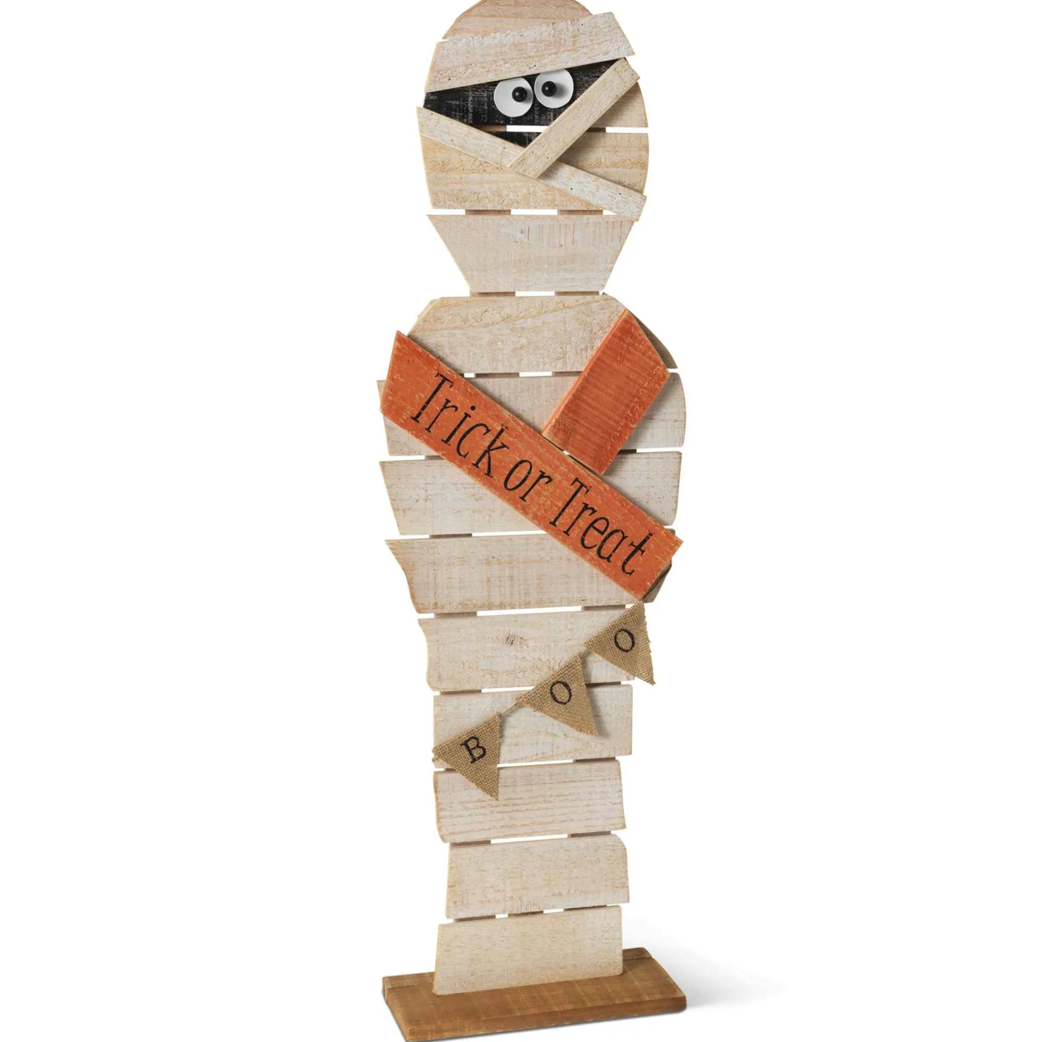 Gerson International 32 In Tall Wood Halloween Mummy, Spooky Decor With Boo Banner