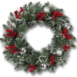Gerson International 24 Inch Flocked Holiday Wreath With Red Berries And Ornaments