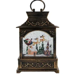 Arys Imports Antique Brushed Square Lantern With Led Warm White Light Up Santa Sleigh Scene Spinning Glitter Waterglobe