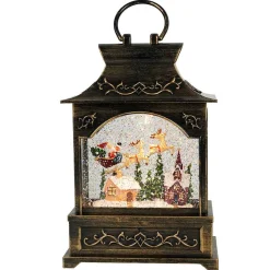 Arys Imports Antique Brushed Square Lantern With Led Warm White Light Up Santa Sleigh Scene Spinning Glitter Waterglobe