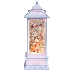 Arys Imports Antique White Tall Lantern With Led Light Up Snowman Scene Spinning Glitter Waterglobe