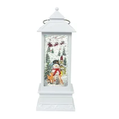 Arys Imports Antique White Tall Lantern With Led Light Up Snowman Scene Spinning Glitter Waterglobe