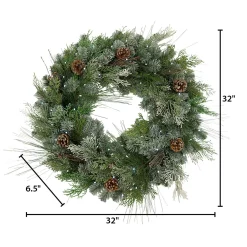 Gerson International 32"D Pre-Lit Snowy Mixed Pine Wreath Withpine Cones, Twig & Cedar Accents. 50 Cool White Led Lights.