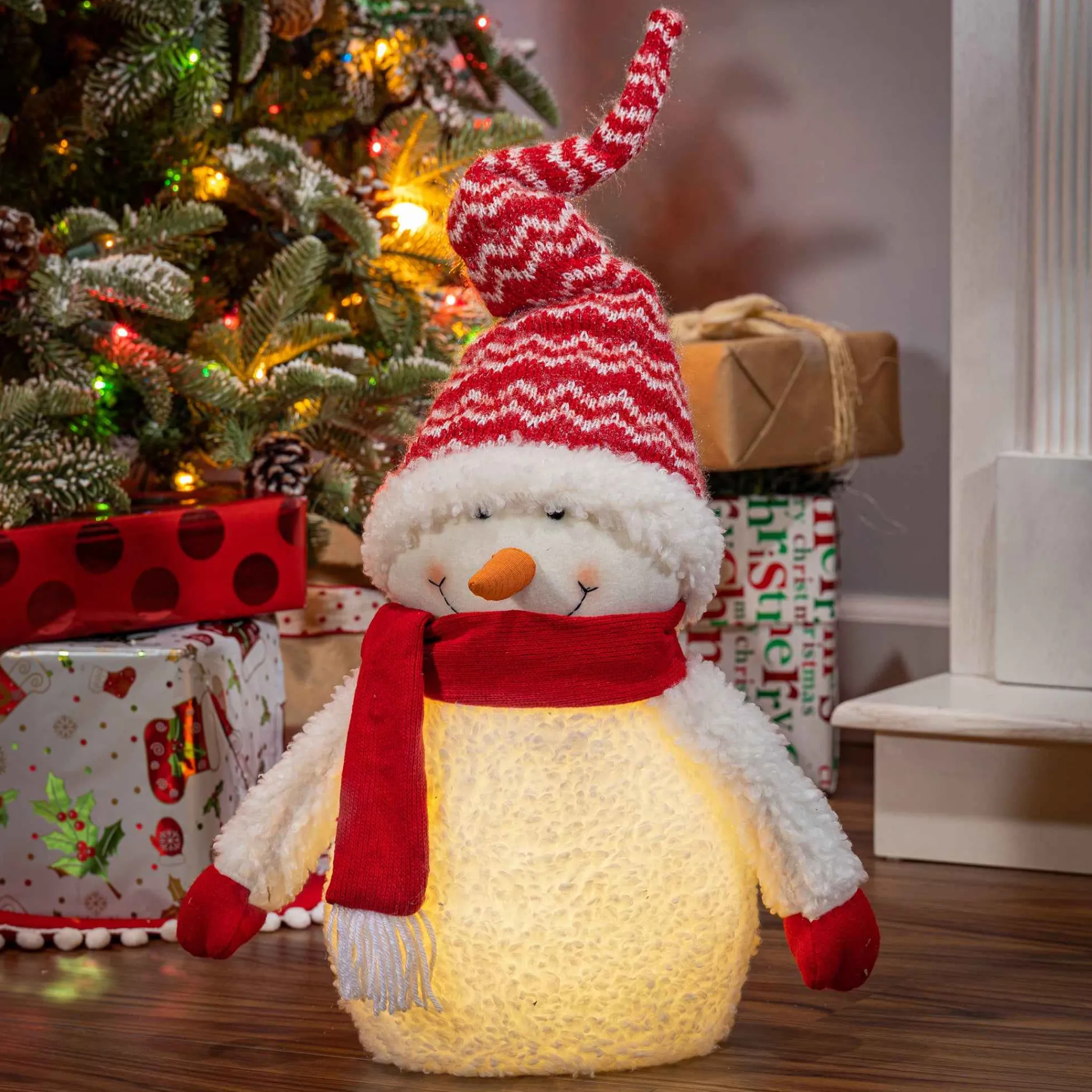 Gerson International Holiday Snowman Lighted Figurine Decor With Red Hat And Scarf