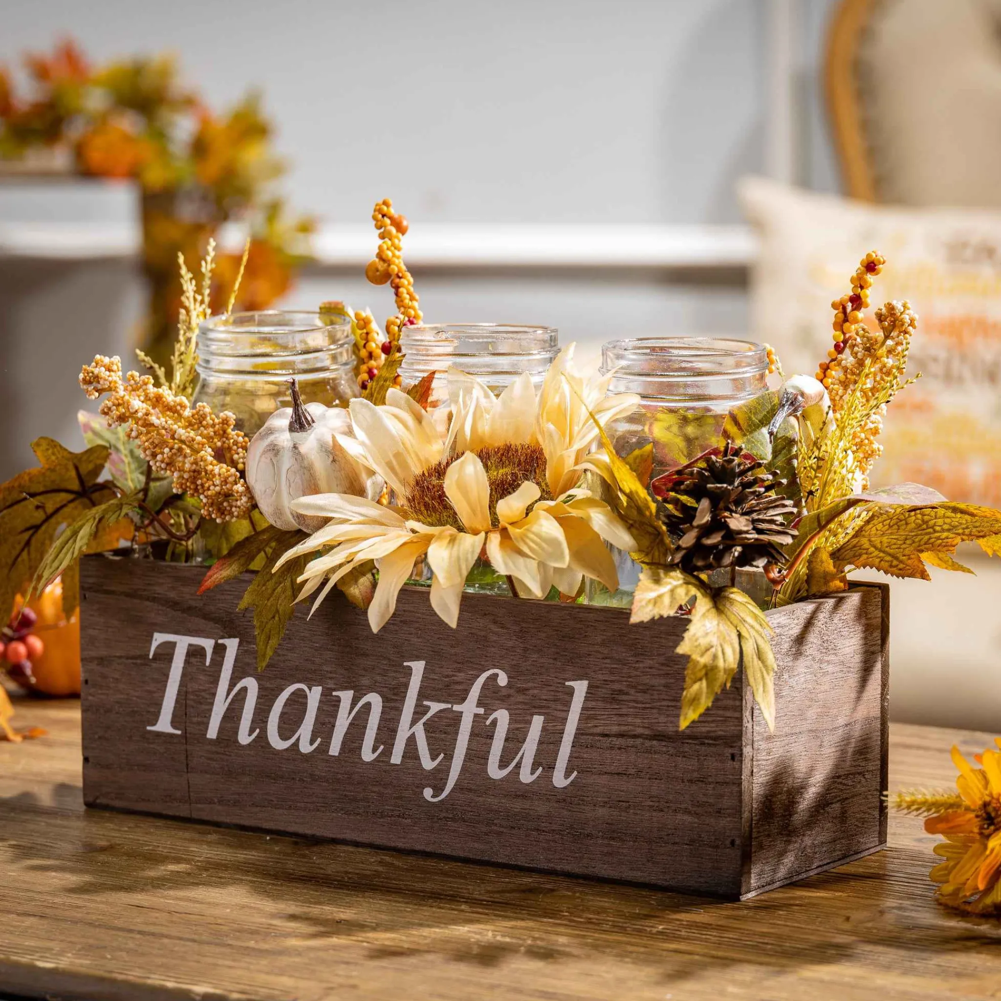 Gerson International 16-In Long Wood Fall Box Filled With Florals And 3 Candle Jars