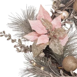 Kurt Adler 20-Inch Champagne And Gold Wreath With Pink Poinsettias And Ornaments