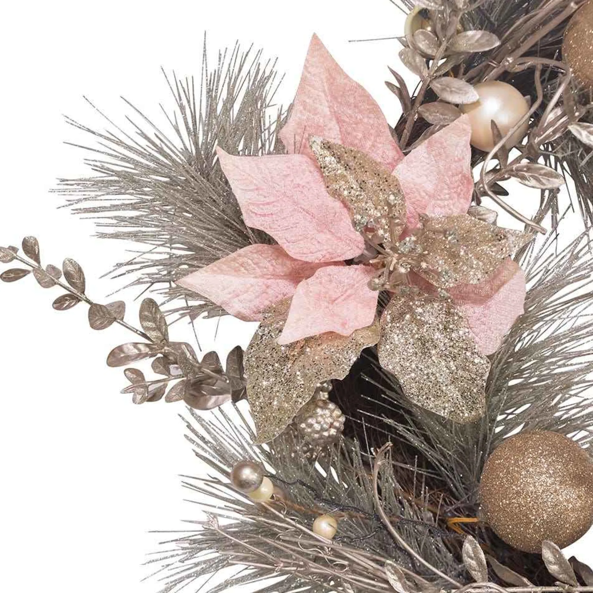 Kurt Adler 20-Inch Champagne And Gold Wreath With Pink Poinsettias And Ornaments