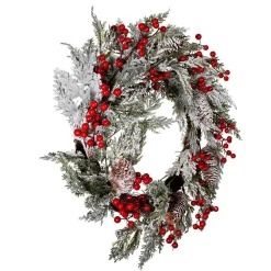 Kurt Adler 20-Inch Unlit Flocked Rattan Wreath With Red Berries