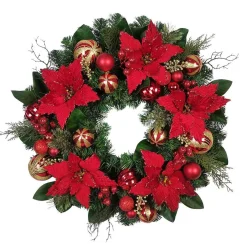 Kurt Adler 30-Inch Unlit Red & Gold Poinsettia Wreath