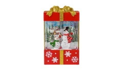 Arys Imports Red And Gold Square Gift Box With Led Warm White Light Up Snowman Family Scene Spinning Glitter Waterglobe