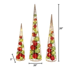 Gerson International S/3 Battery- Operated Lighted Red & Green Ornament Filled Cone Trees, Lg Is 24-In H, Med Is 20-In H, Sm Is 16-In H