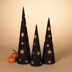 Gerson International Set Of 3 Assorted Black And Orange Glitter Halloween Cone Trees