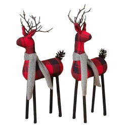 Gerson International Set Of 2 Christmas Holiday Deer Figurines, Red And Black Plaid