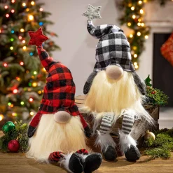 Gerson International Set Of 2 Christmas Lighted Gnome Figurines, Black And Red