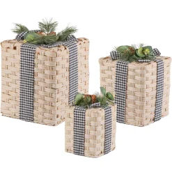 Gerson International Set Of 3 Holiday Christmas Present Decor, Neutral Farmhouse