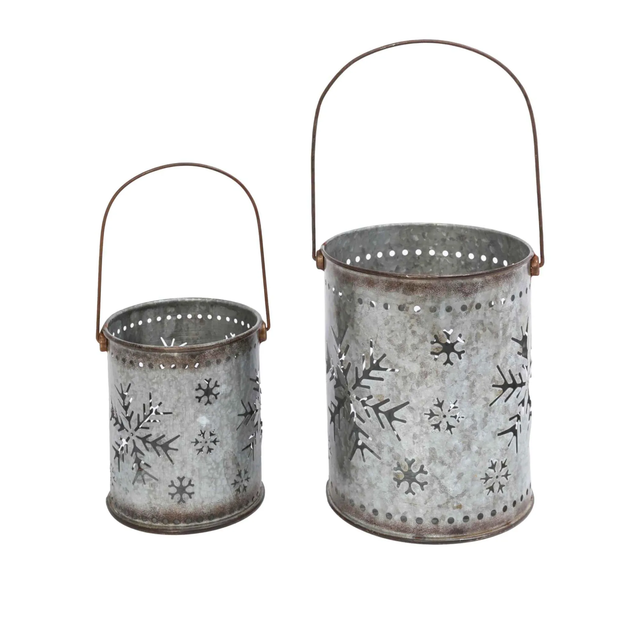 Gerson International Set Of 2 Nesting Metal Galvanized Snowflake Luminaries, Lg Is 19.8-In H (Including Handle)