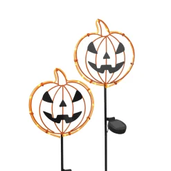 Gerson International Set Of 2 Solar Metal Pumpkin Lantern Yard Stake, Outdoor Decor