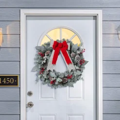 Gerson International Snowy Pine Christmas Wreath With Red Berries, Pinecones, Bow