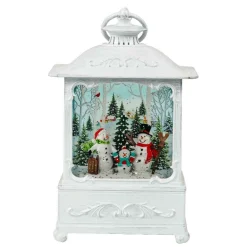 Arys Imports White Antique Lantern With Led Light Up Snowman Family Scene Spinning Glitter Waterglobe
