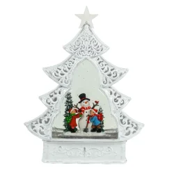 Arys Imports White Scroll Design Christmas Tree With Led Warm White Light Up Snowman And Kids Scene Spinning Glitter Waterglobe